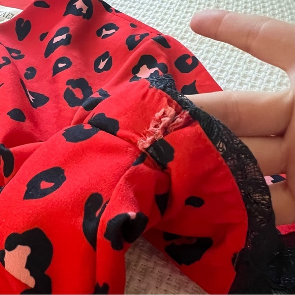 MIKAEL AGHAL Red Leopard‎ Pleated Midi Dress Lace Trim Size 6 - Picture 9 of 12